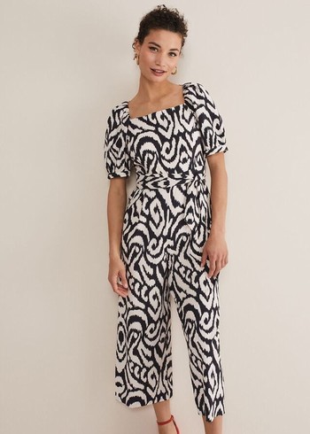 Phase Eight Sara Ikat Wide Leg Jumpsuit Black/Cream USA | 4731908-SA